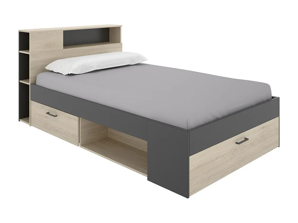 Bed met hoofdeinde en opbergruimte 120 x 190 cm, naturel en antraciet - LEANDRE