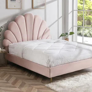 Bed met hoofdeinde schelpvorm - 160 x 200 cm - Met roze fluwelen bekleding - LIVAYA