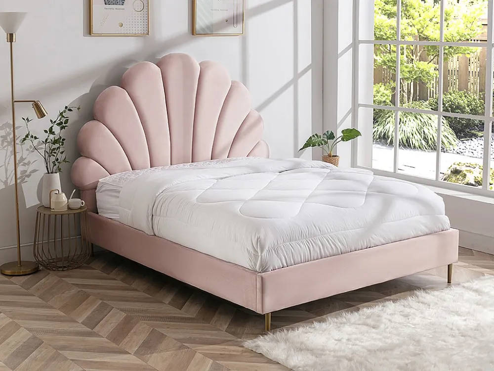 Bed met hoofdeinde schelpvorm - 160 x 200 cm - Met roze fluwelen bekleding - LIVAYA