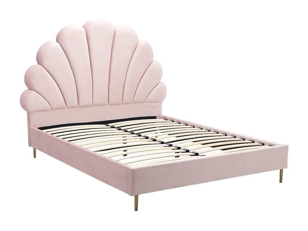 Bed met hoofdeinde schelpvorm - 160 x 200 cm - Met roze fluwelen bekleding - LIVAYA