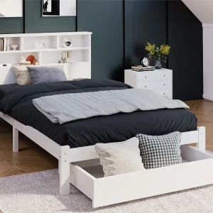 Bed met opberghoofdeinde en lade - 90 x 200 cm - massief hout - wit