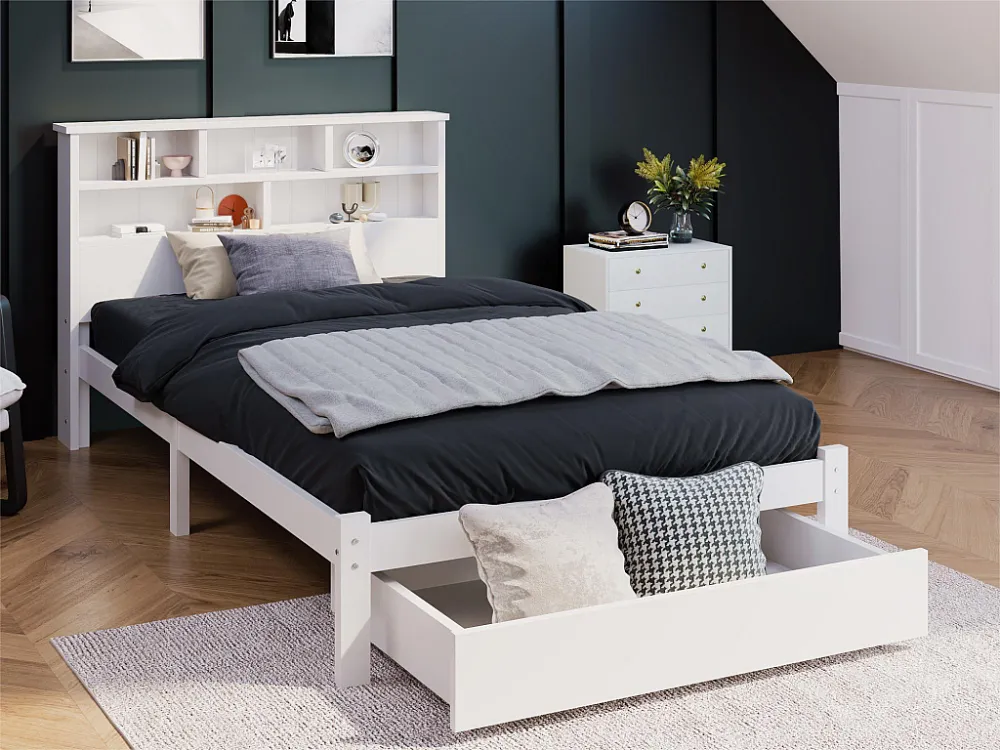 Bed met opberghoofdeinde en lade - 90 x 200 cm - massief hout - wit
