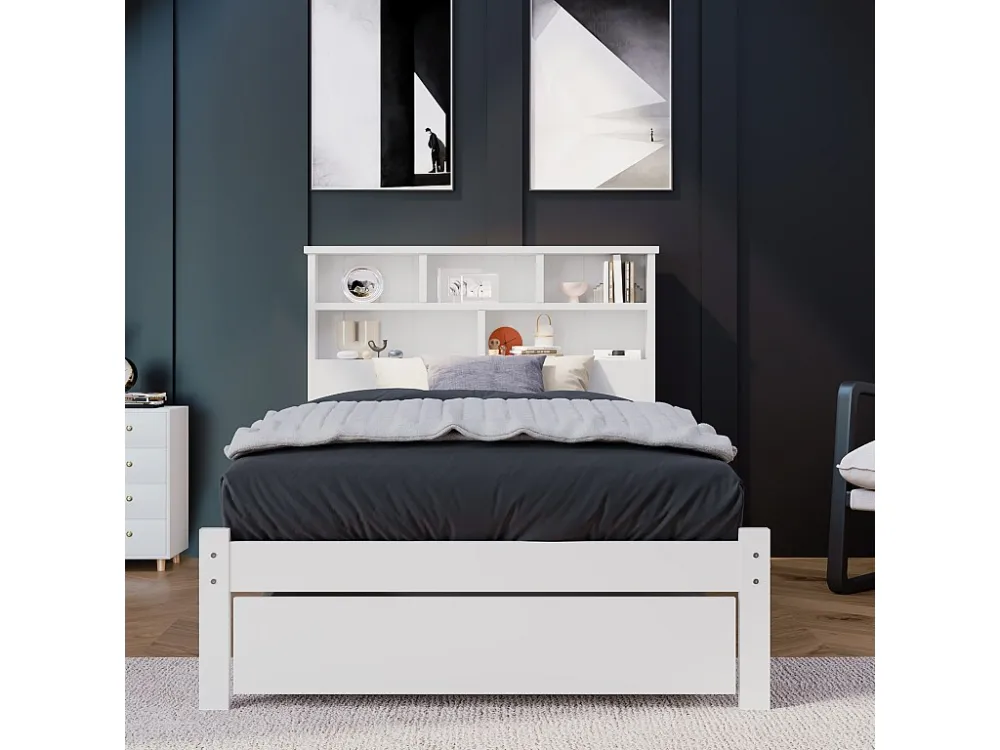 Bed met opberghoofdeinde en lade - 90 x 200 cm - massief hout - wit