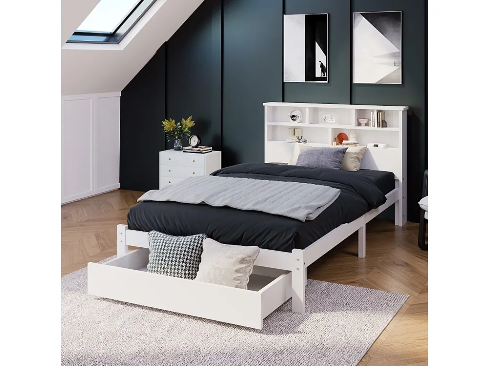 Bed met opberghoofdeinde en lade - 90 x 200 cm - massief hout - wit