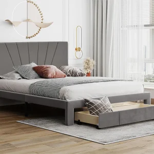 Bed met opbergruimte en verstelbaar hoofdeinde - 140 x 200 cm - fluweel - grijze kleur
