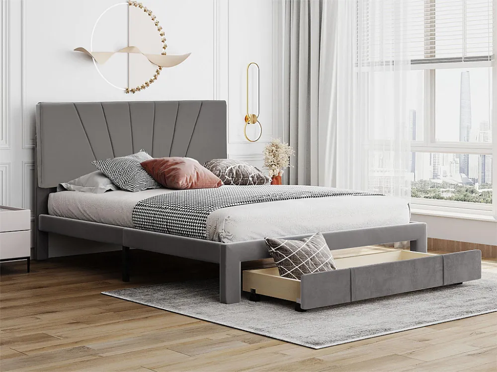 Bed met opbergruimte en verstelbaar hoofdeinde - 140 x 200 cm - fluweel - grijze kleur