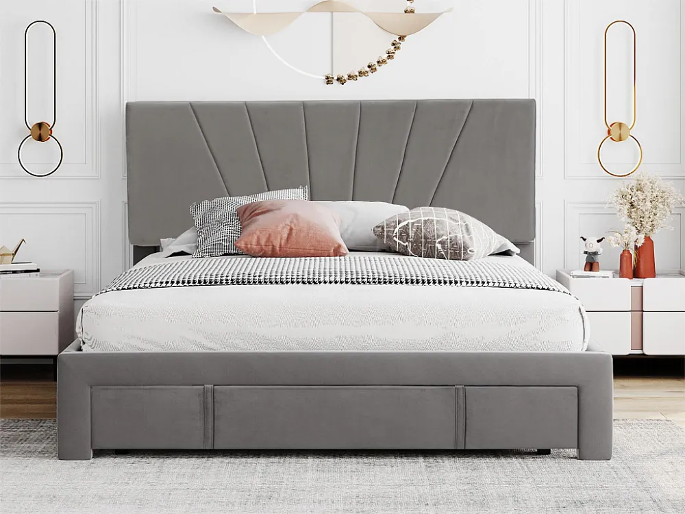 Bed met opbergruimte en verstelbaar hoofdeinde - 140 x 200 cm - fluweel - grijze kleur