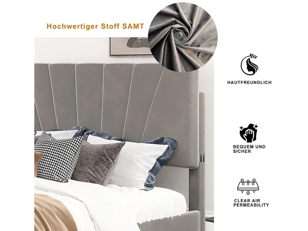 Bed met opbergruimte en verstelbaar hoofdeinde - 140 x 200 cm - fluweel - grijze kleur
