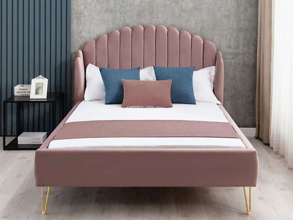 Bed SAGALI met glooiend hoofdeinde - 160 x 200 cm - Fluweel - Antiek roze
