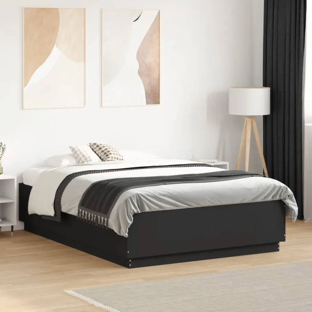 Bedframe LED massief hout zwart 140x190 cm