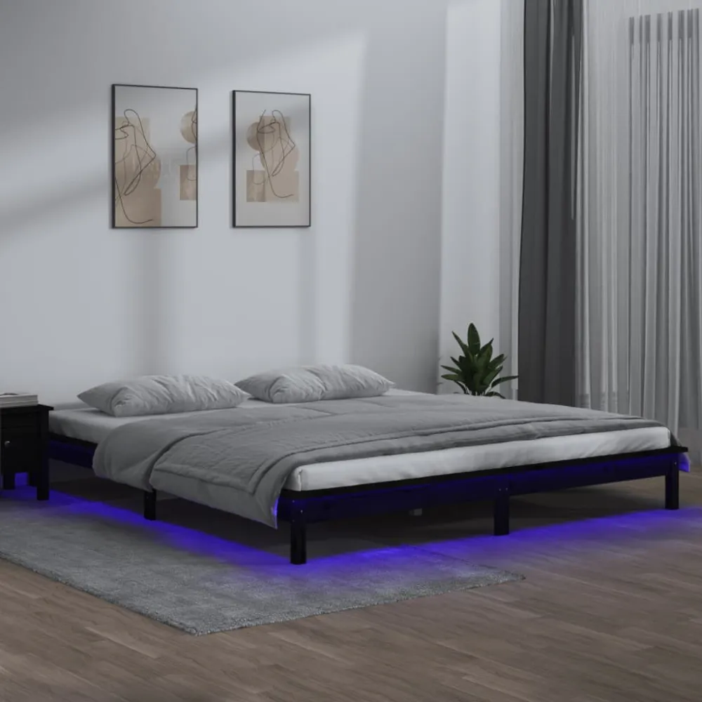 Bedframe LED massief hout zwart 150x200 cm
