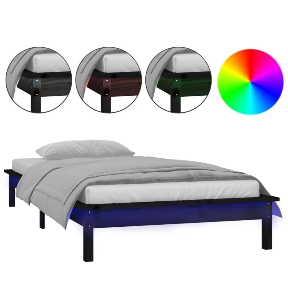 Bedframe LED massief hout zwart 90x190 cm