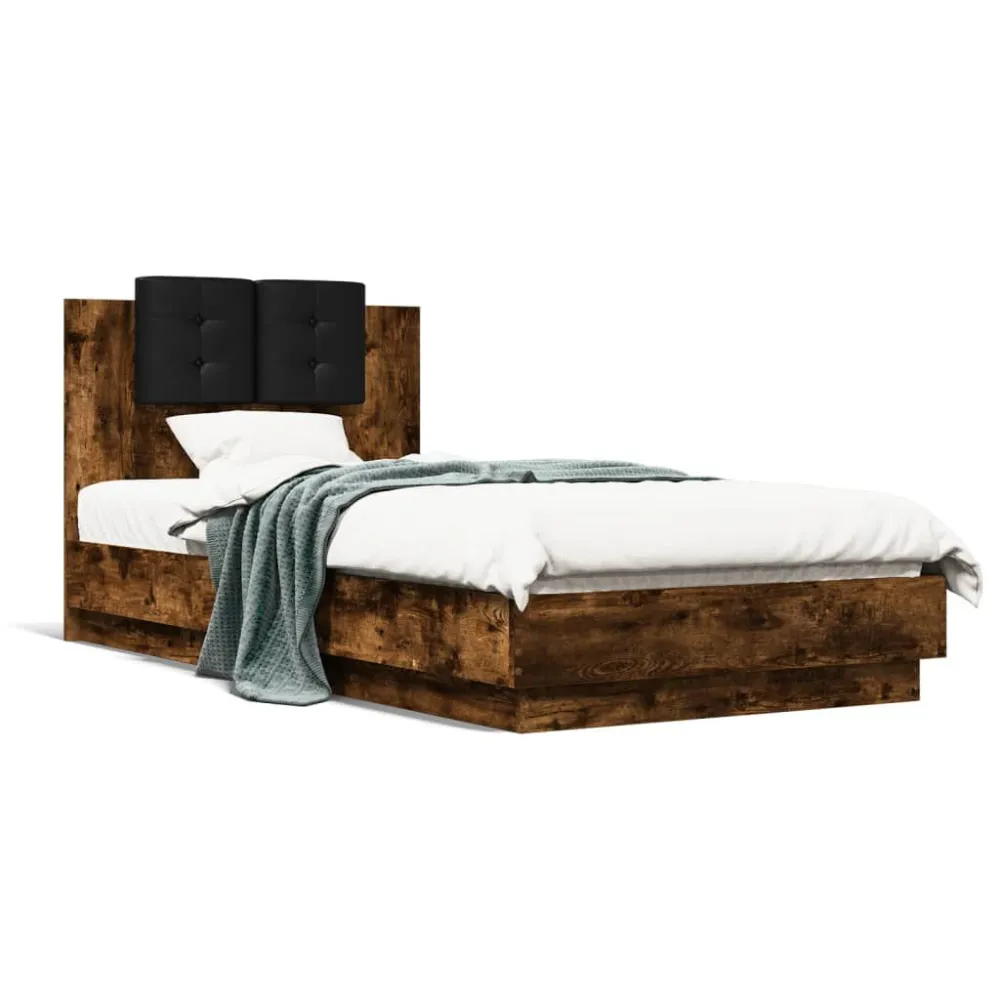 Bedframe met hoofdbord bewerkt hout gerookt eiken 75x190 cm