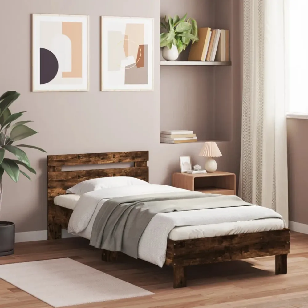 Bedframe met hoofdbord bewerkt hout gerookt eiken 75x190 cm