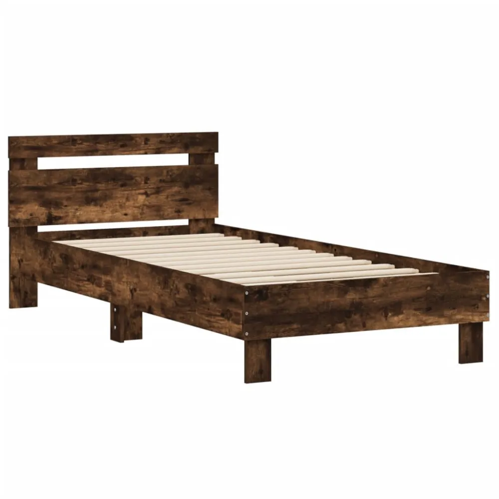 Bedframe met hoofdbord bewerkt hout gerookt eiken 75x190 cm