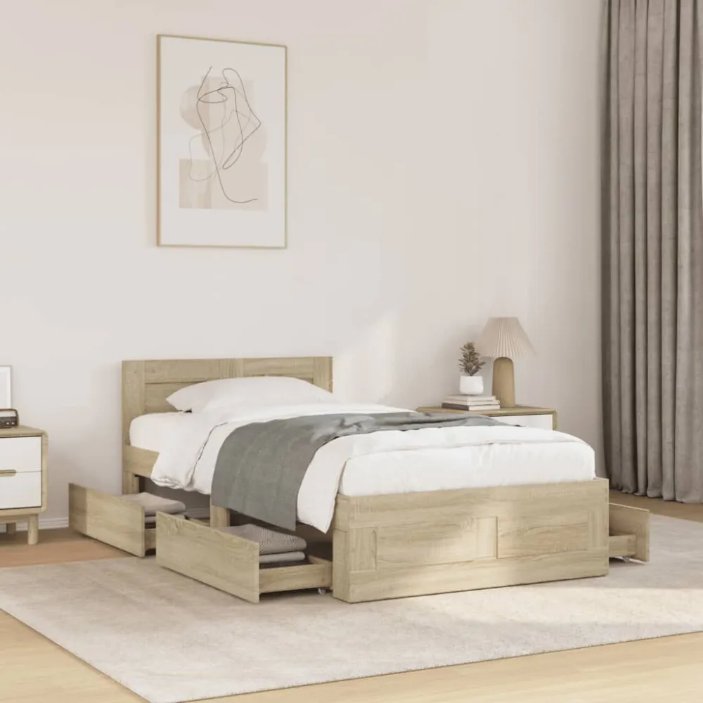 Bedframe met hoofdbord bewerkt hout sonoma eiken 75x190 cm