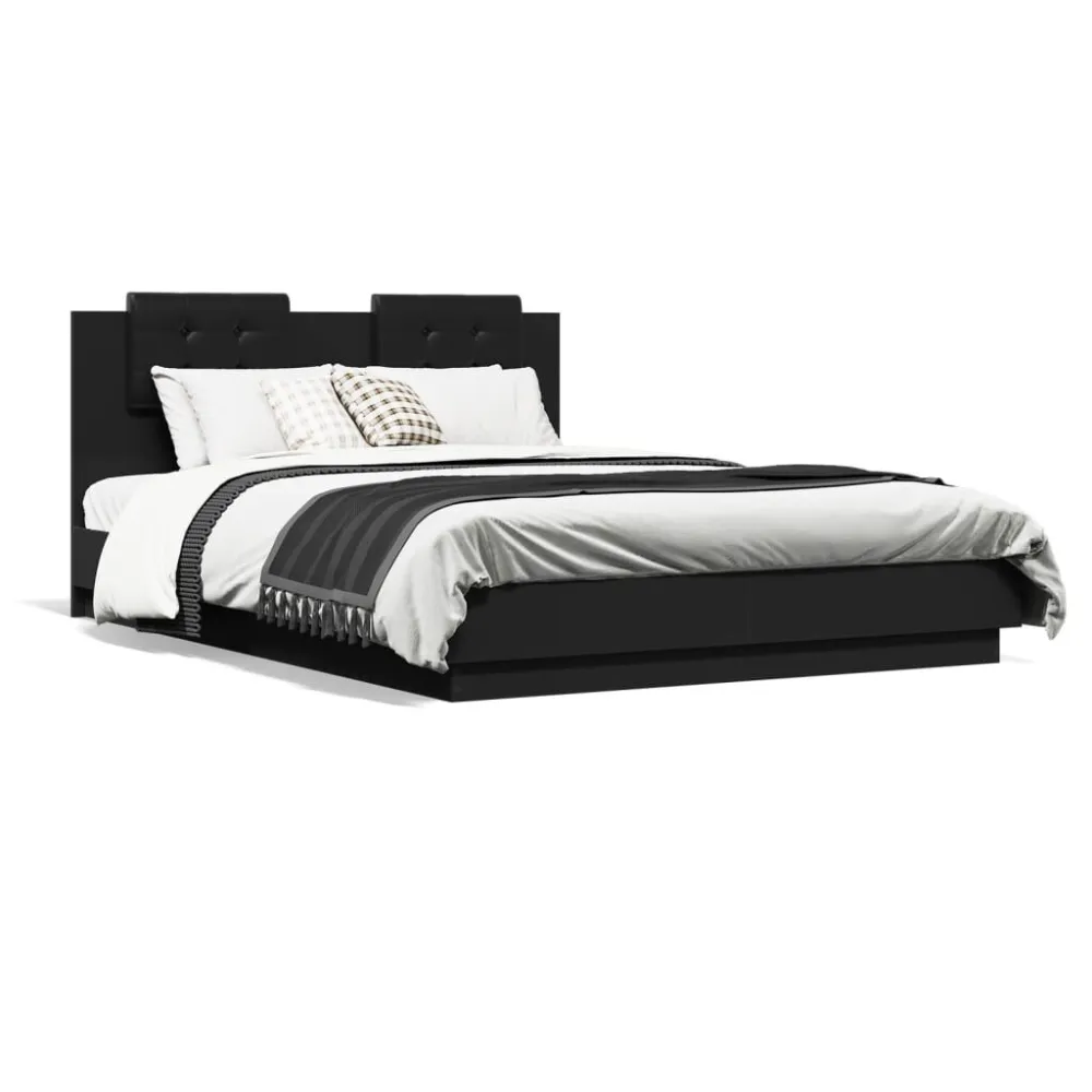 Bedframe met hoofdbord bewerkt hout zwart 140x200 cm