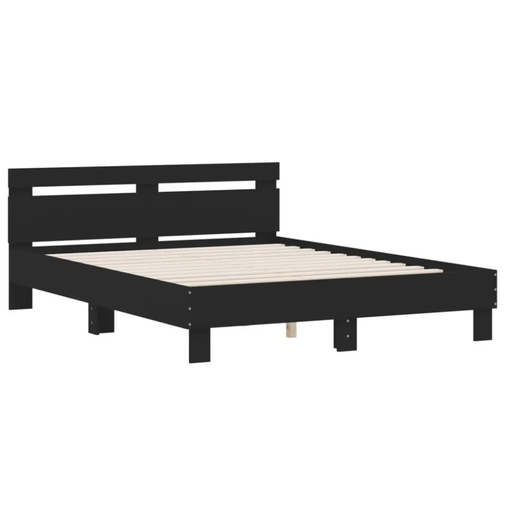 Bedframe met hoofdbord bewerkt hout zwart 140x200 cm