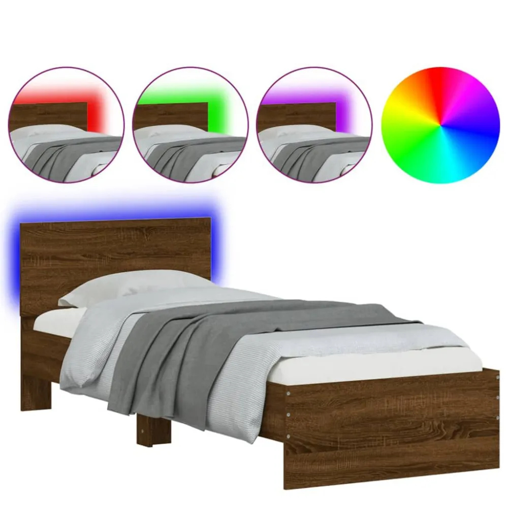 Bedframe met hoofdbord en LED bruin eikenkleur 75x190 cm