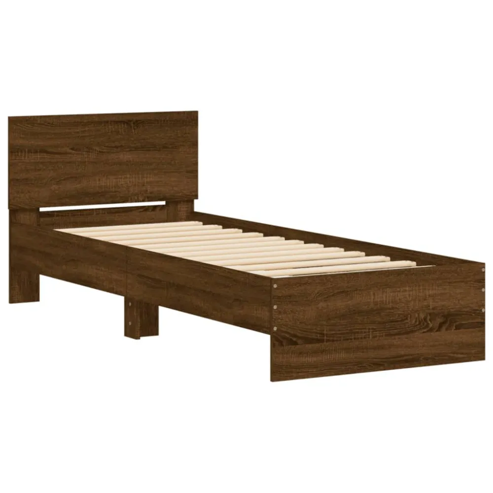 Bedframe met hoofdbord en LED bruin eikenkleur 75x190 cm