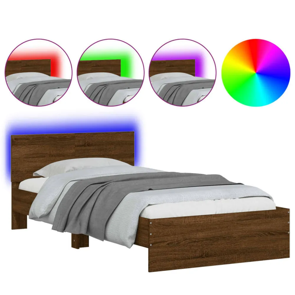 Bedframe met hoofdbord en LED bruin eikenkleur 100x200 cm