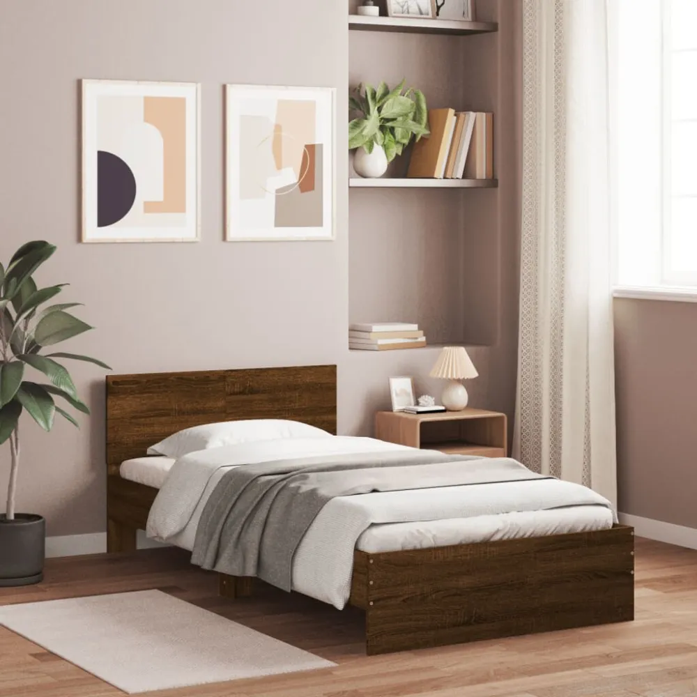 Bedframe met hoofdbord en LED bruin eikenkleur 100x200 cm