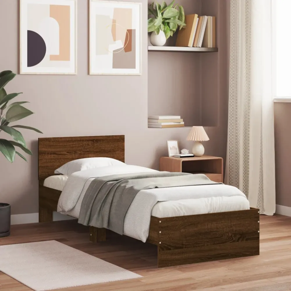 Bedframe met hoofdbord en LED bruin eikenkleur 90x200 cm