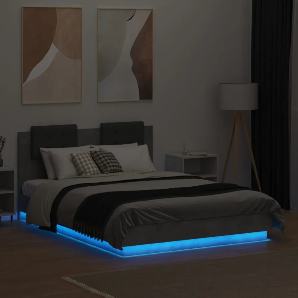 Bedframe met hoofdbord en LED-verlichting betongrijs 135x190 cm