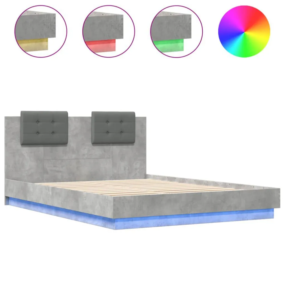 Bedframe met hoofdbord en LED-verlichting betongrijs 150x200 cm
