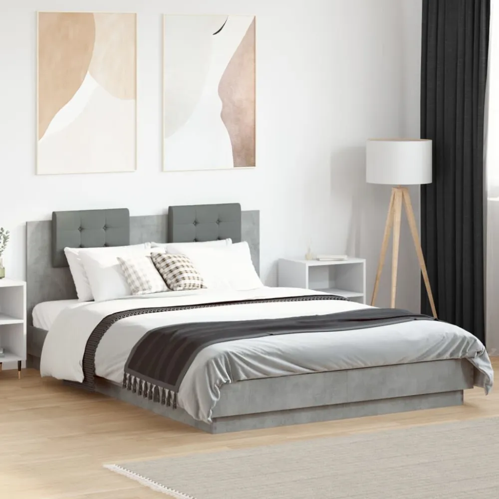 Bedframe met hoofdbord en LED-verlichting betongrijs 150x200 cm