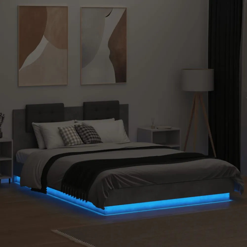 Bedframe met hoofdbord en LED-verlichting betongrijs 150x200 cm