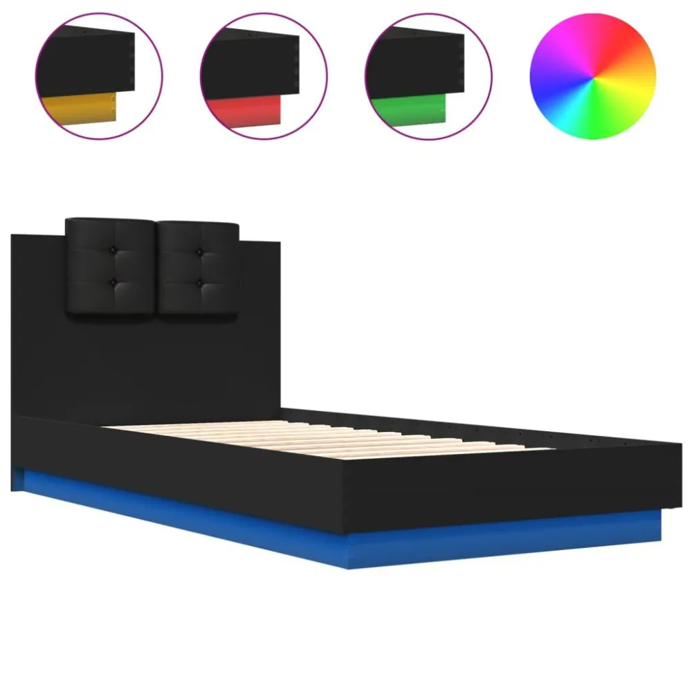 Bedframe met hoofdbord en LED-verlichting zwart 90x190 cm