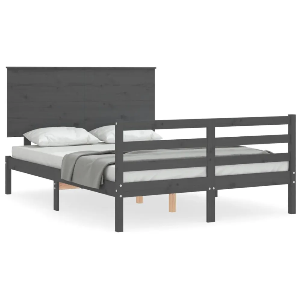 Bedframe met hoofdbord massief hout grijs 140x190 cm
