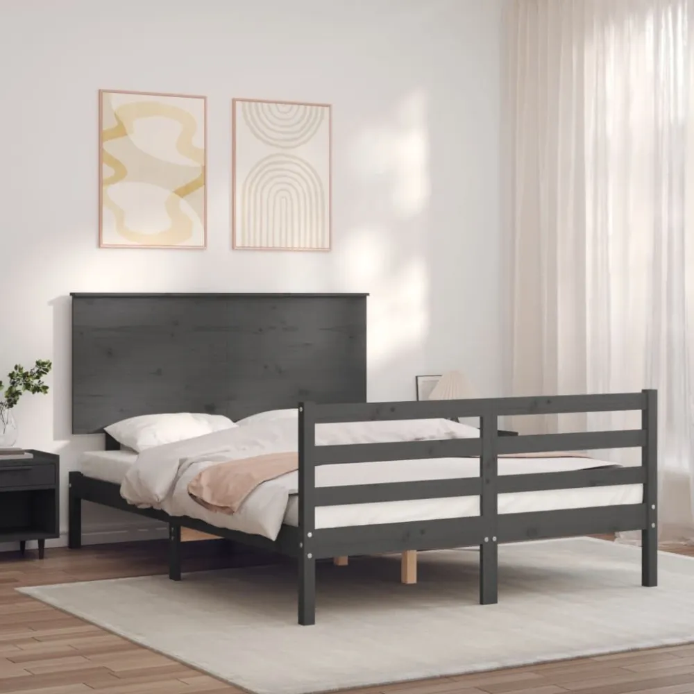 Bedframe met hoofdbord massief hout grijs 140x190 cm