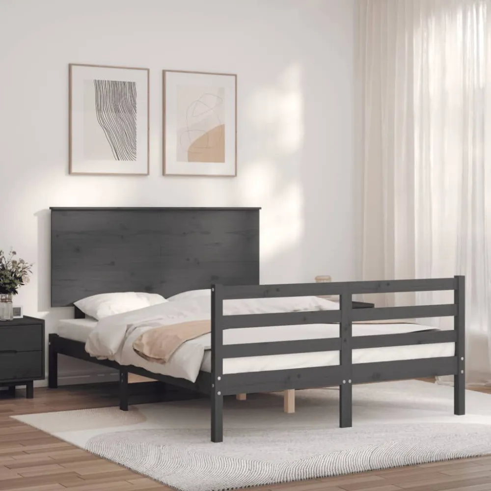 Bedframe met hoofdbord massief hout grijs 140x190 cm