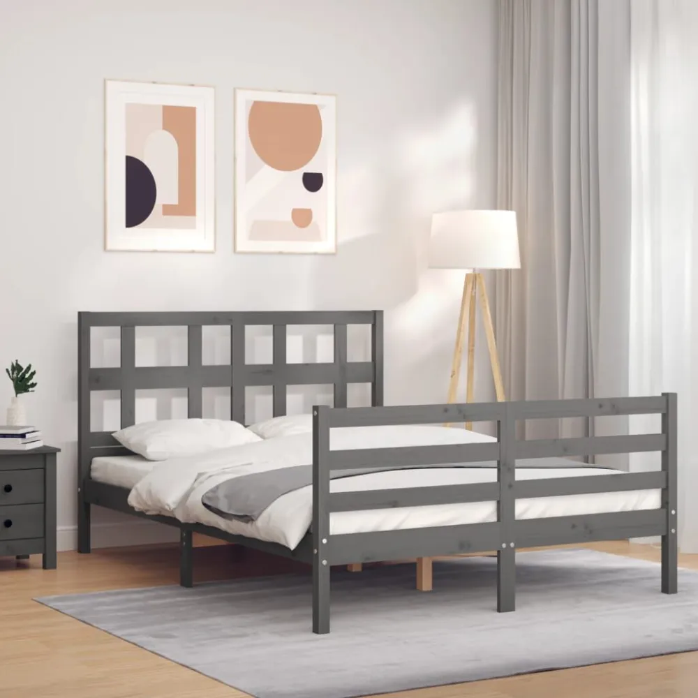 Bedframe met hoofdbord massief hout grijs 140x190 cm