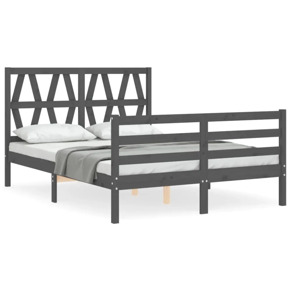 Bedframe met hoofdbord massief hout grijs 140x190 cm