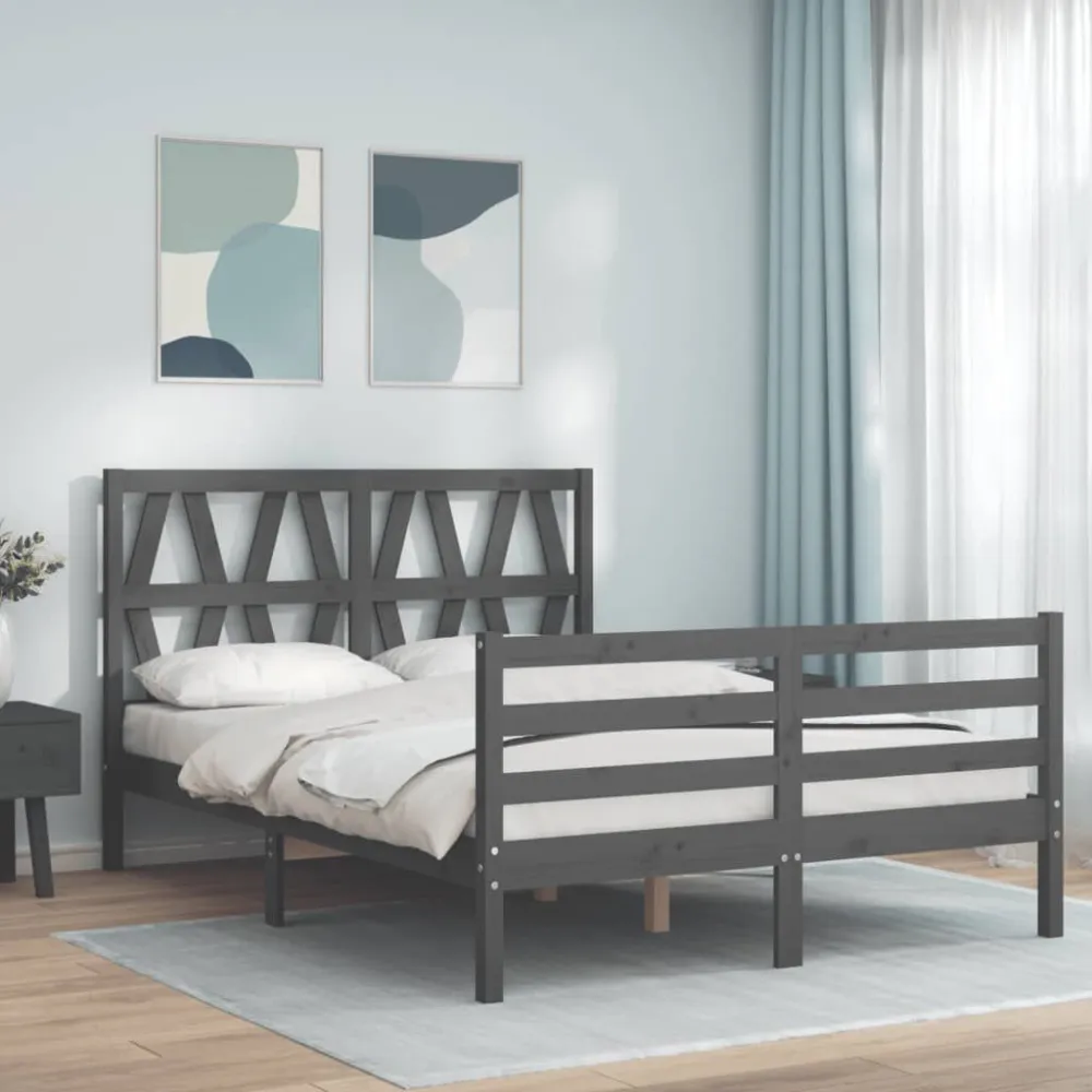 Bedframe met hoofdbord massief hout grijs 140x190 cm