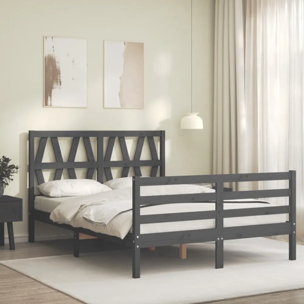 Bedframe met hoofdbord massief hout grijs 140x190 cm