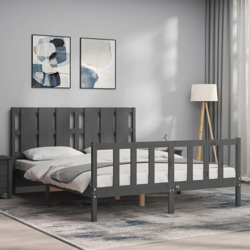 Bedframe met hoofdbord massief hout grijs