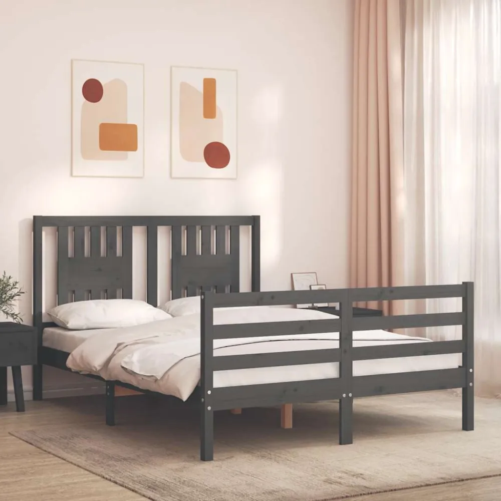 Bedframe met hoofdbord massief hout grijs