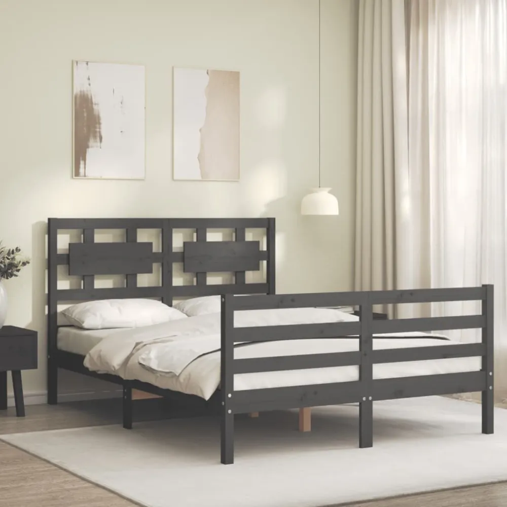 Bedframe met hoofdbord massief hout grijs 140x190 cm