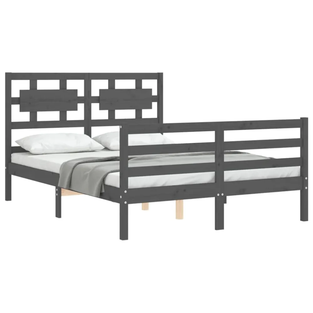 Bedframe met hoofdbord massief hout grijs 140x190 cm
