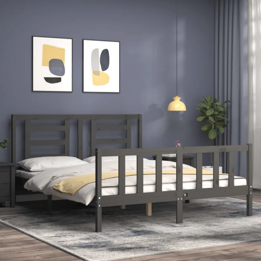 Bedframe met hoofdbord massief hout grijs