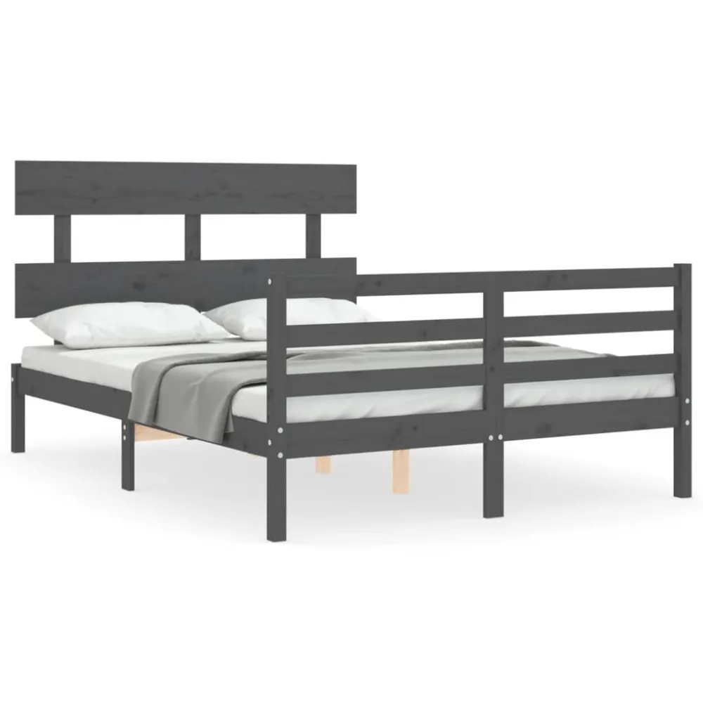 Bedframe met hoofdbord massief hout grijs 140x190 cm