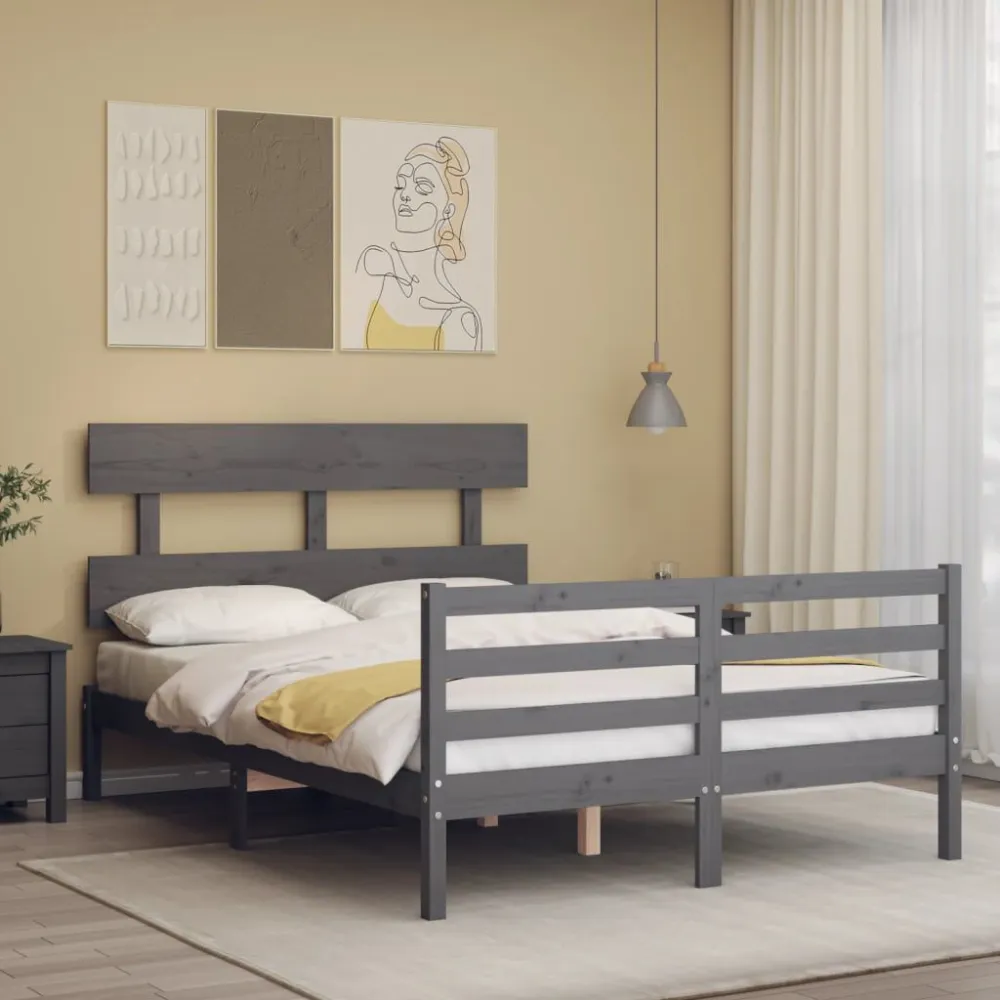 Bedframe met hoofdbord massief hout grijs 140x190 cm