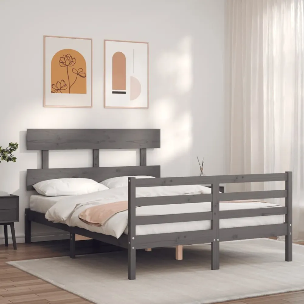 Bedframe met hoofdbord massief hout grijs 140x190 cm