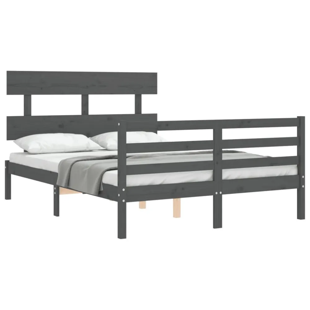 Bedframe met hoofdbord massief hout grijs 140x190 cm