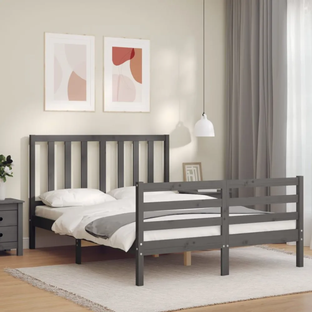 Bedframe met hoofdbord massief hout grijs 140x190 cm