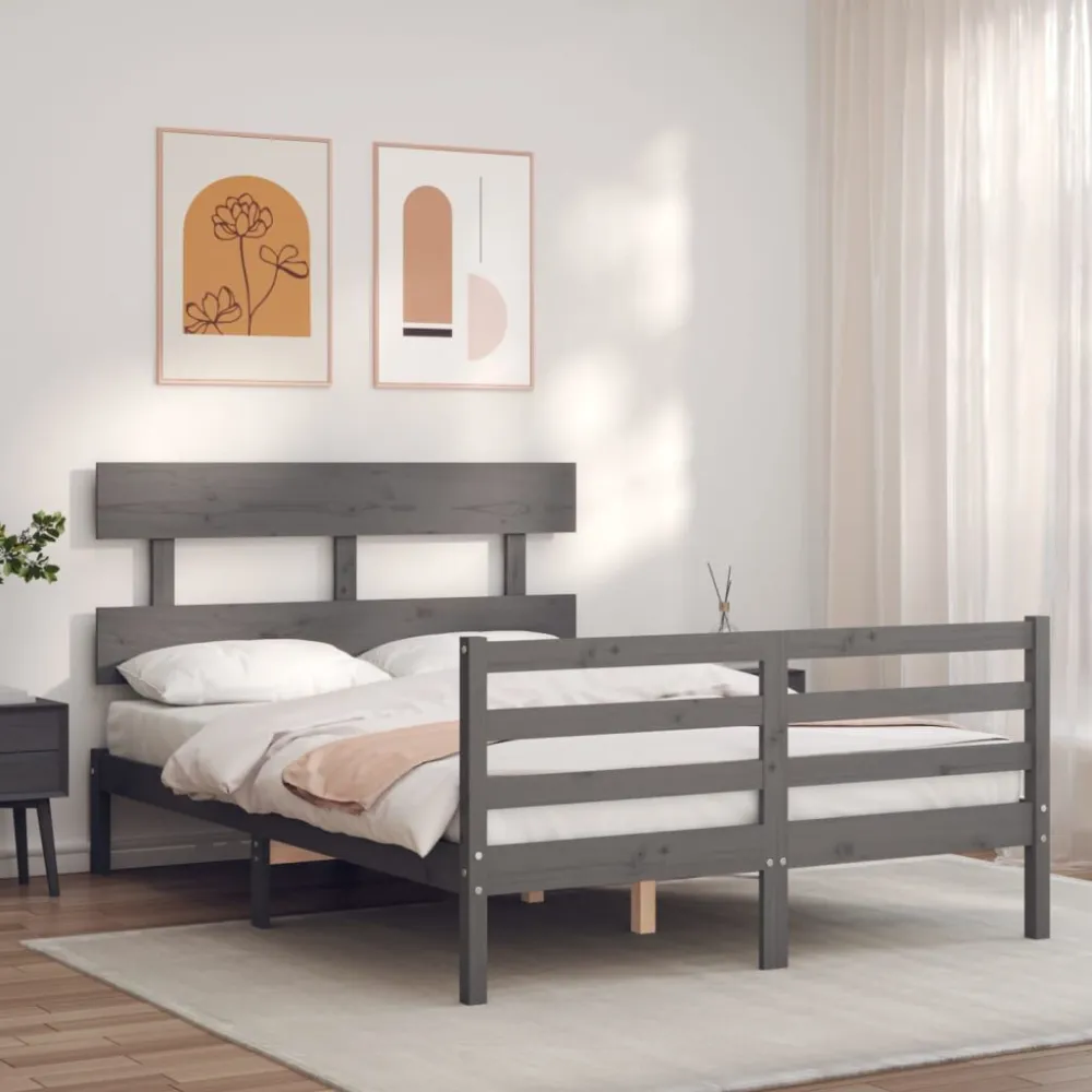 Bedframe met hoofdbord massief hout grijs